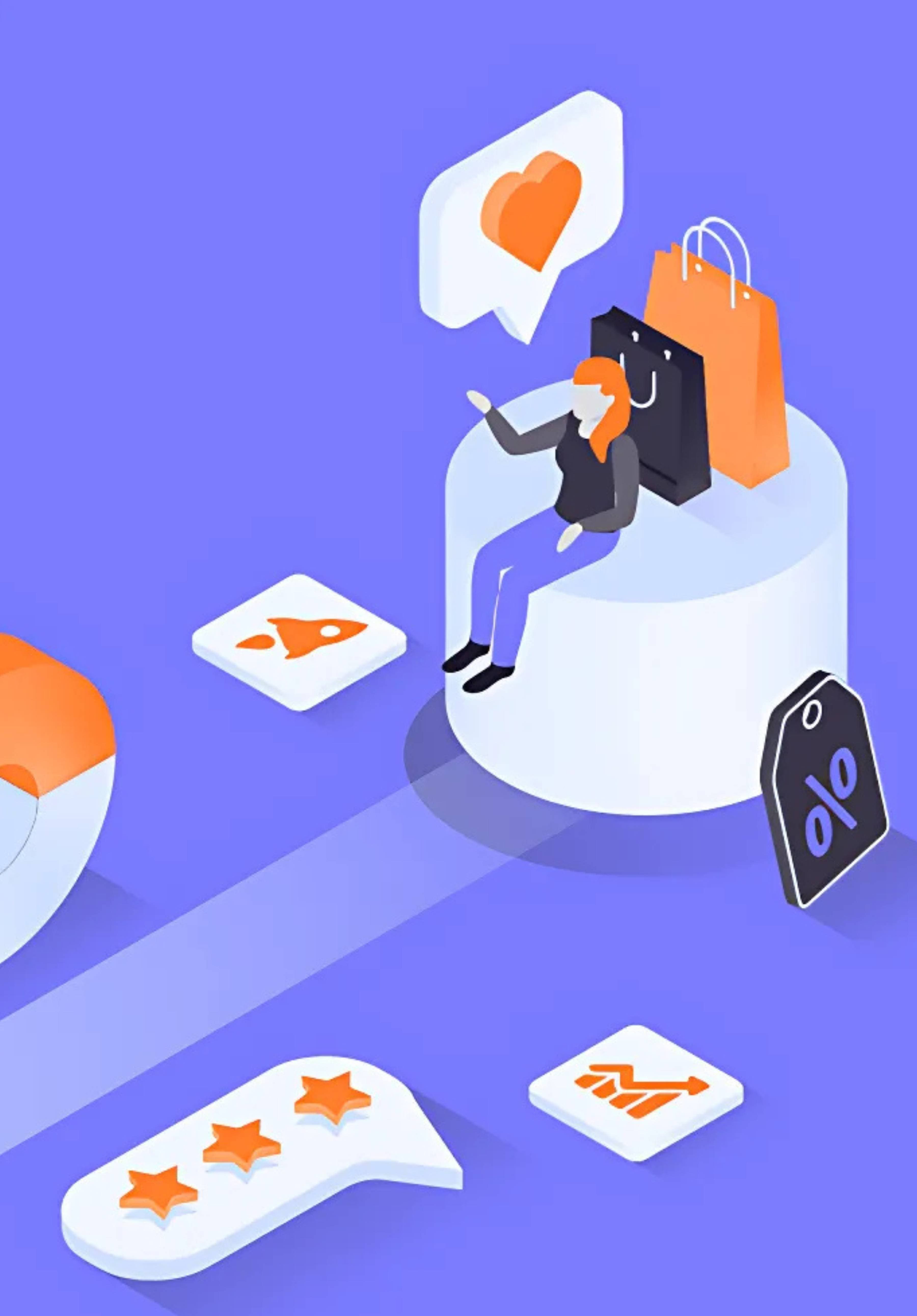 Illustration einer Person mit Smartphone und Einkaufstüten, umgeben von Icons zu Kundenbindung, Bewertungen, Rabatten und Marketinganalysen