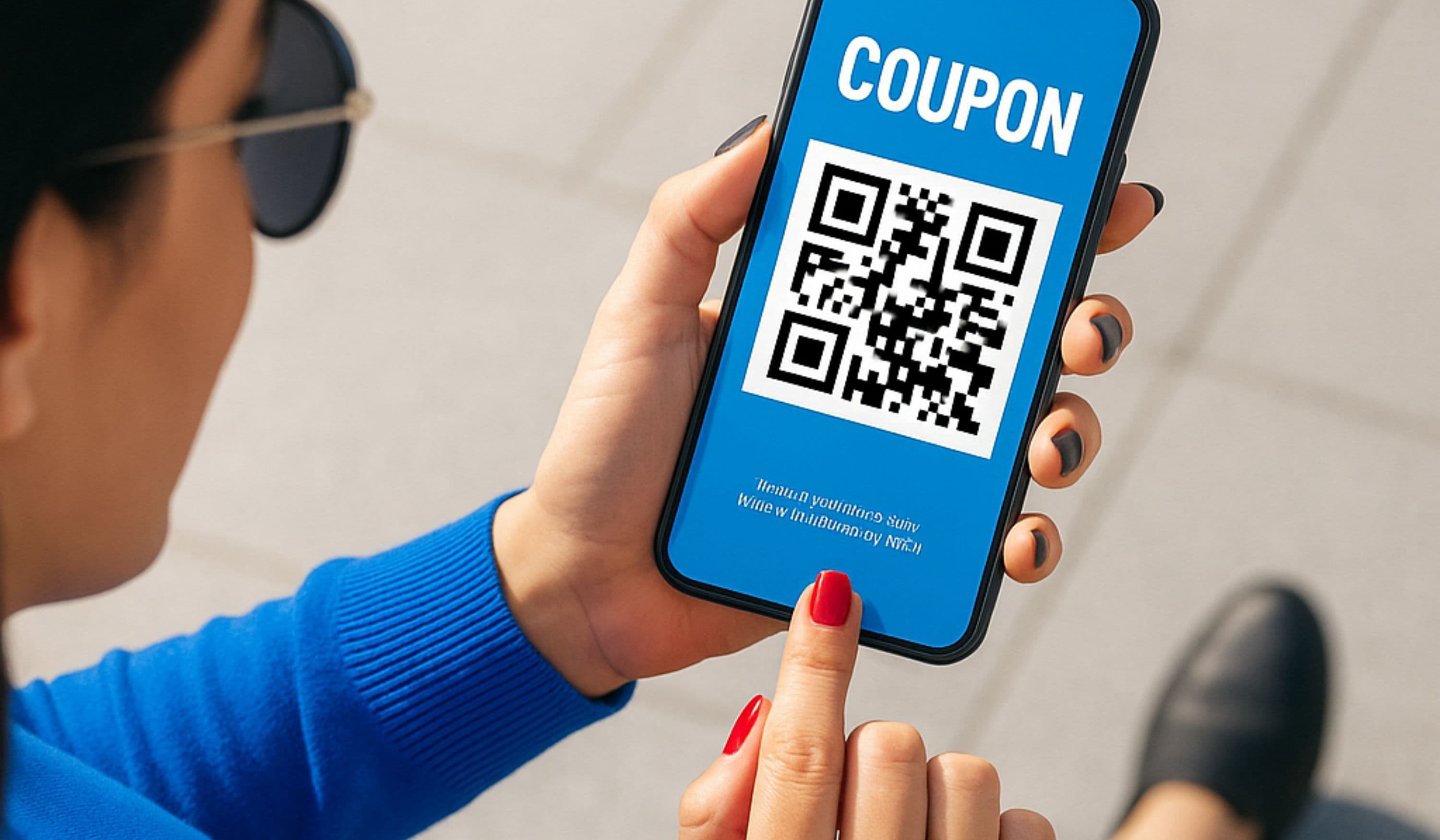 Darstellung eines Smartphones mit geöffnetem digitalen Coupon und QR-Code, gehalten von einer Person im Außenbereich.