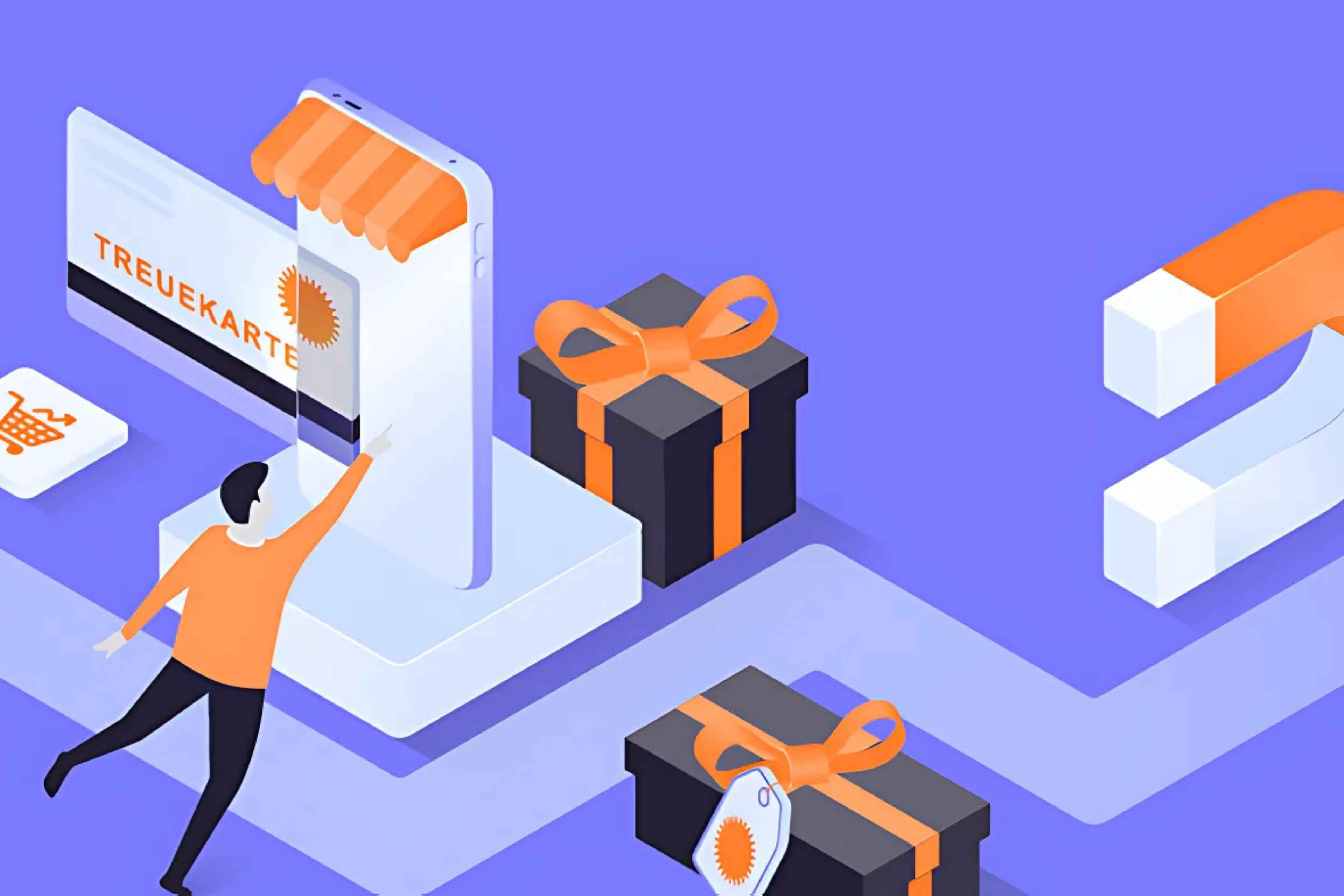 Illustration eines Kunden, der eine digitale Treuekarte nutzt, mit Geschenkboxen, Magnet-Symbol und Loyalty-Icons als Symbole für Kundenbindung und Belohnungsprogramme